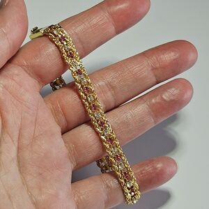 Vintage Gold Tone Pink And Clear Rhinestone Bracelet 7.5"
